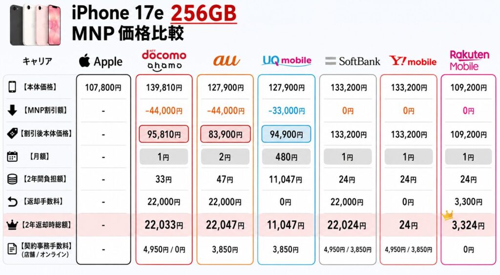 iPhone 17e 256GB MNP価格比較