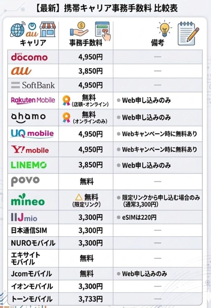 各社の事務手数料（契約時の初期費用）一覧
