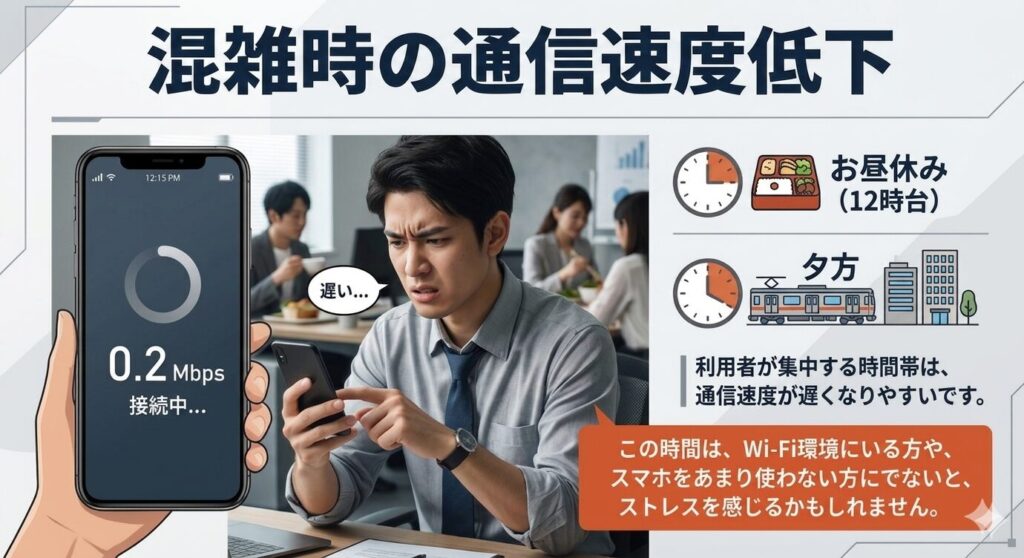 混雑時間帯（お昼・夕方）の速度低下