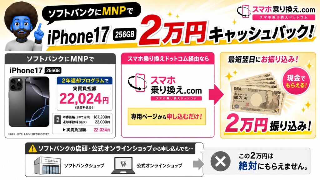 iPhone17（256GB）月1円2年間 ＋ 現金2万円CB