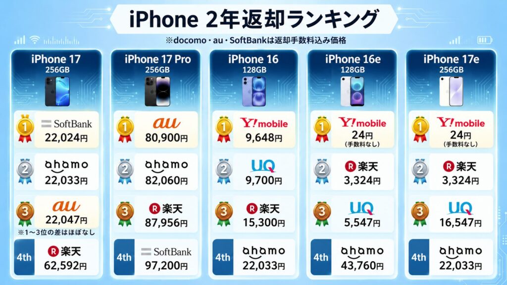 【2年返却ランキング】iPhone主要モデル｜機種別比較表