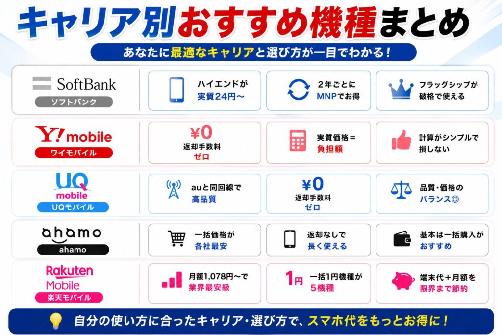 キャリア別おすすめ機種まとめ