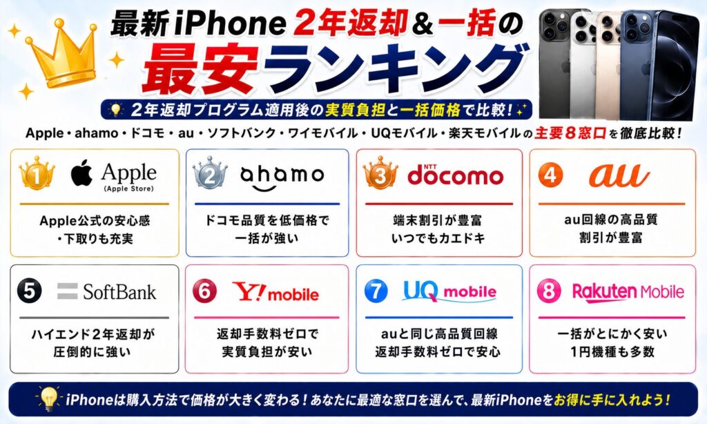 最新iPhone全キャリア価格比較｜2年返却＆一括の最安ランキング