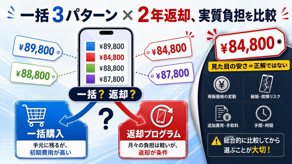 一括3パターン×2年返却、実質負担を並べて比較