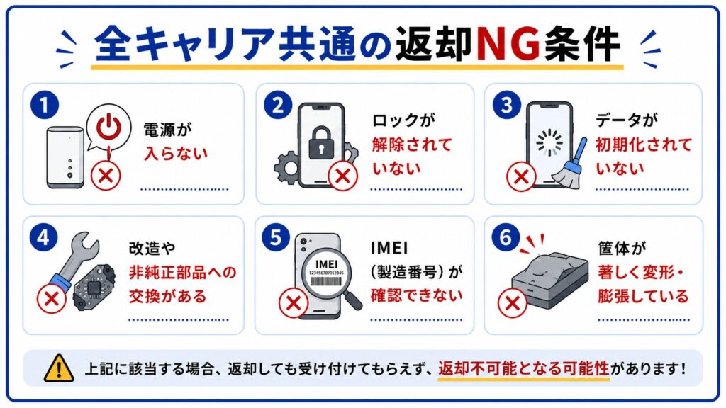 全キャリア共通の返却NG条件