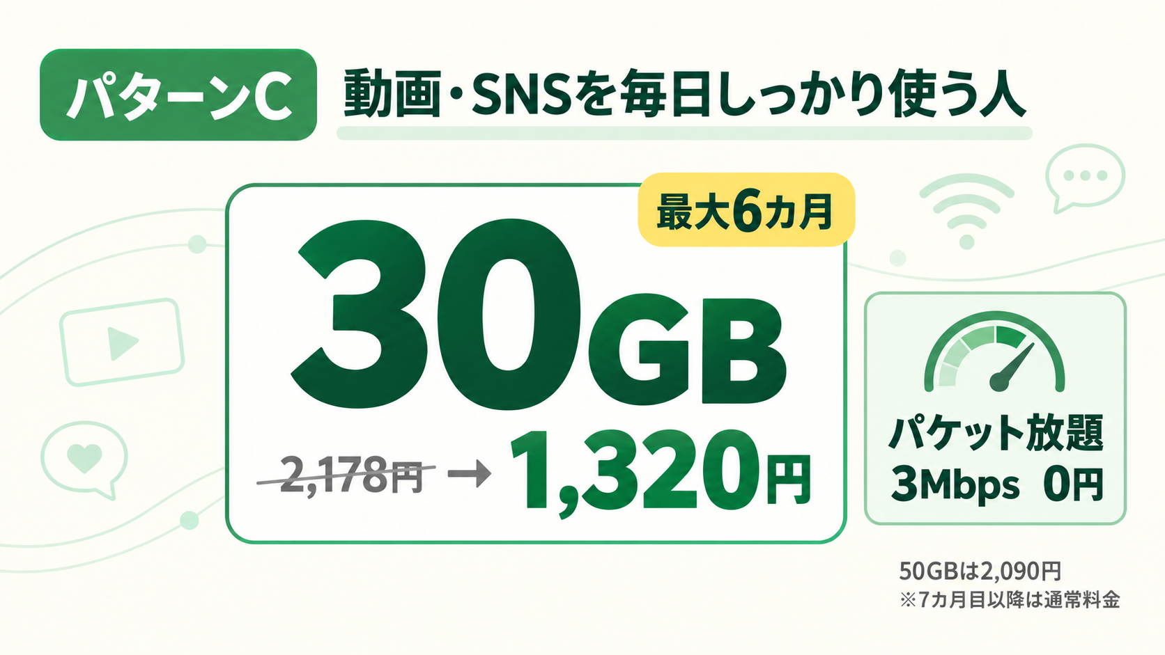 パターンC 動画・SNSを毎日しっかり使う人 30GB 月額1,320円