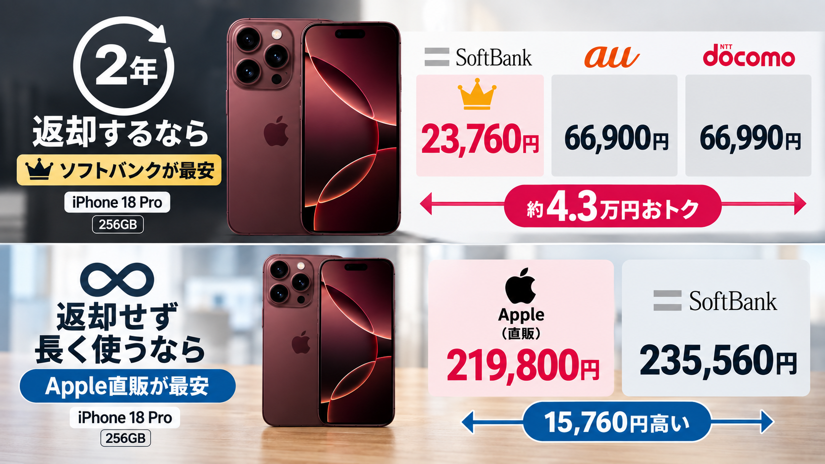 iPhone18 Pro 2年返却はソフトバンク23,760円が最安、返却なしはApple直販219,800円が最安