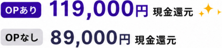 オプションありで119,000円、オプションなしで89,000円の現金還元